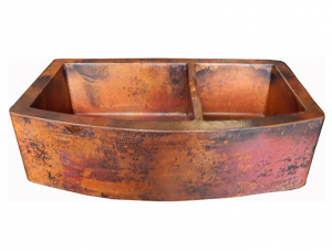 Rounded Apron Front Farmhouse Kitchen Double Bowl Mexican Copper Sink by Color y Tradicion